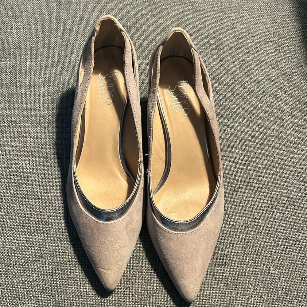 Franco Sarto Women’s heels - light grey suede with silver leather accents.